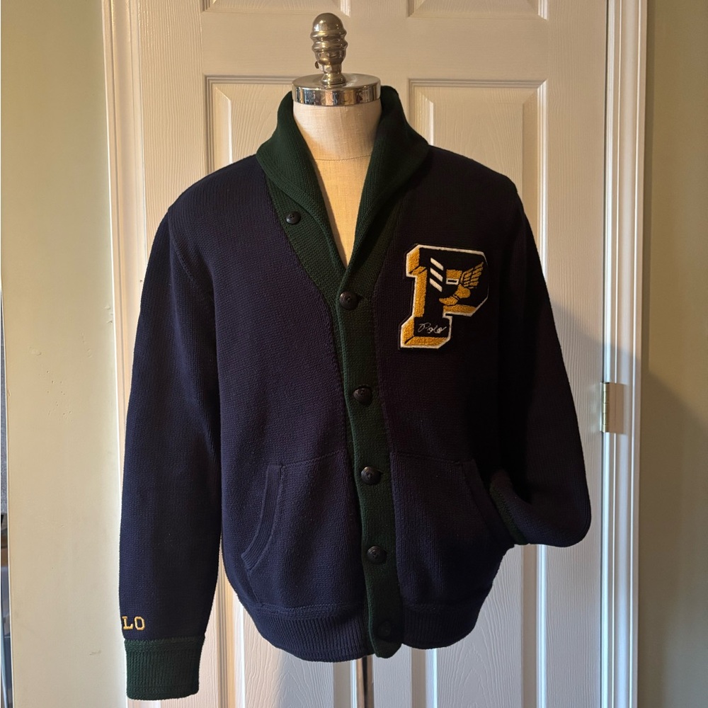Polo by Ralph Lauren Navy and Dark Green Letterman Shawl Collar Cardigan
